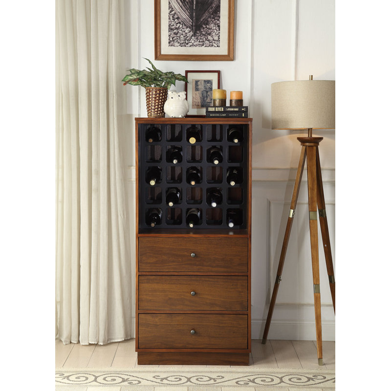 Armoire à vin Choung Bar avec support pour 25 bouteilles et 3 tiroirs, Noyer