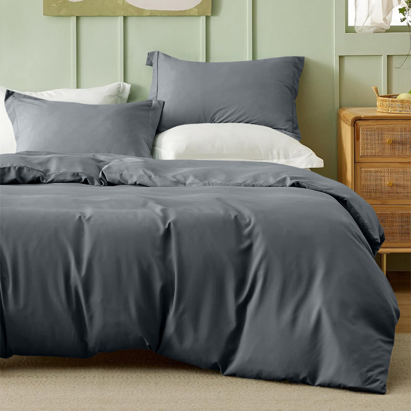 Onorino Luxury 4-Piece Dyed Duvet Set with Pillowcases or Fitted sheet (4 in 1), Double Duvet Cover Set, Charcoal