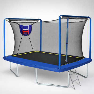 New 8ft by 12ft Rectangular Trampoline with Basketball Board, Ball Inflater, and Ladder - Blue ASTM Standard Tested and CPC Certified