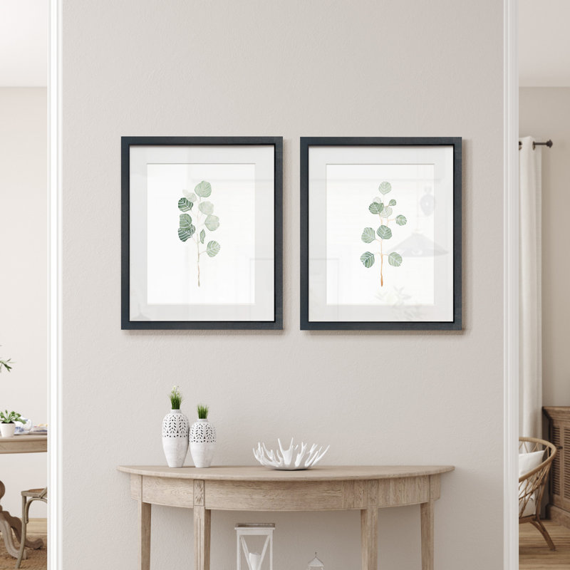 «Soft Eucalyptus Branch I», ensemble de 2 reproductions d'art sur papier encadrées, Cadre noir