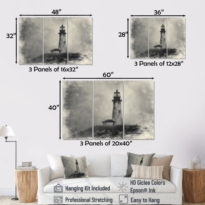 Phare rétro rétro brouillard d'hiver - ensemble de reproductions d'art mural phares, H 40 po x l 60 po x P 1 po