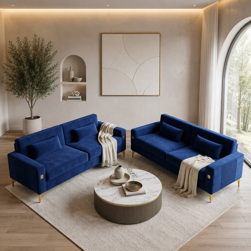 2PCS Sofa Velvet Sofa Set,2 Piece Living Room Couch Set with Removable Seat Cushions, Velours bleu