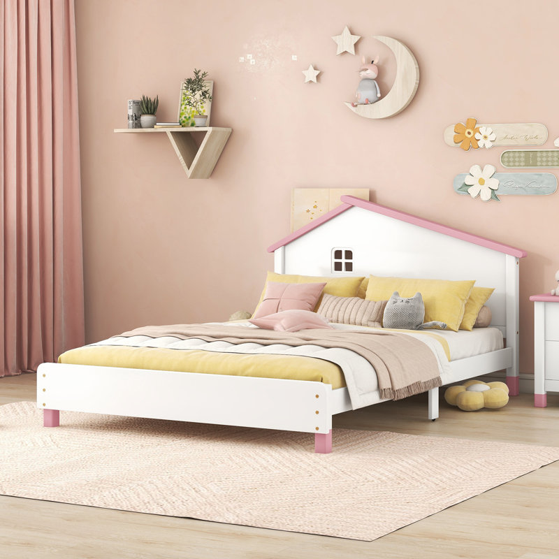 Twin Size Wood Platform Bed With House-Shaped Headboard, Blanc / Rose, Lit double