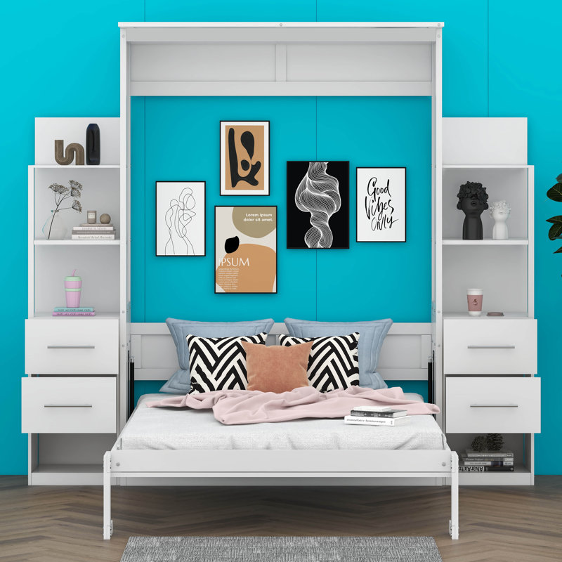 Lit escamotable double avec tablettes Campden, Blanc
