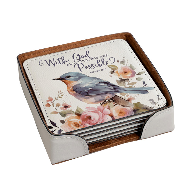 Leather Square 4 Piece Coaster Set With Holder