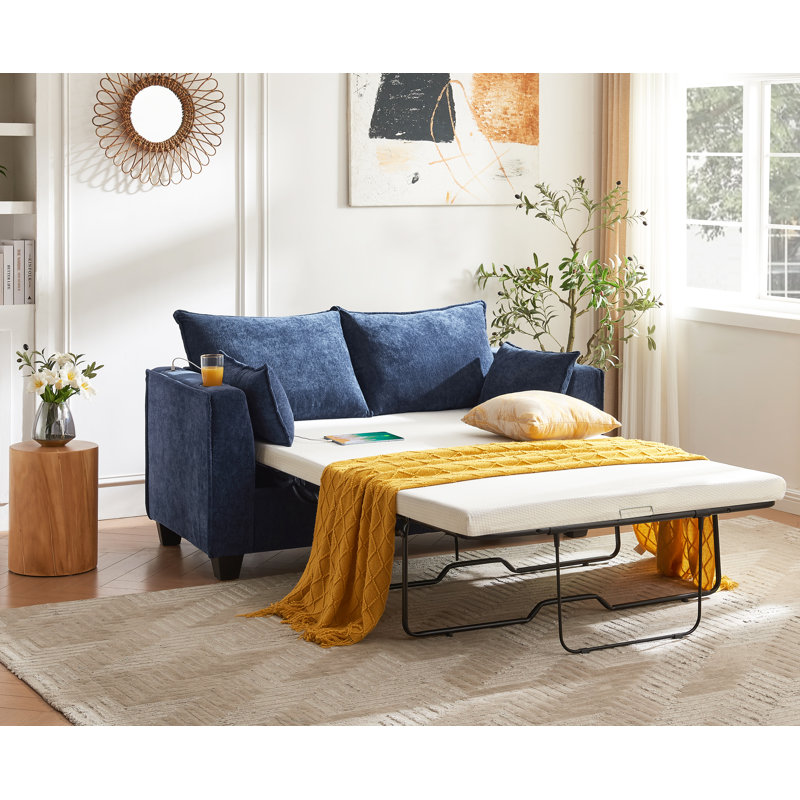 65" Chenille Convertible Sleeper Sofa Bed with Pull-Out Design, Blue