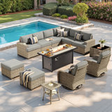 13 Piece Patio Sectional Furniture With Swivel Rocking Chairs, Rattan Wicker Coversation Set With Glowing Coffee Table, Outdoor Sofa Set With Fire Pit For Outside Porch Balcony Backyard Pool