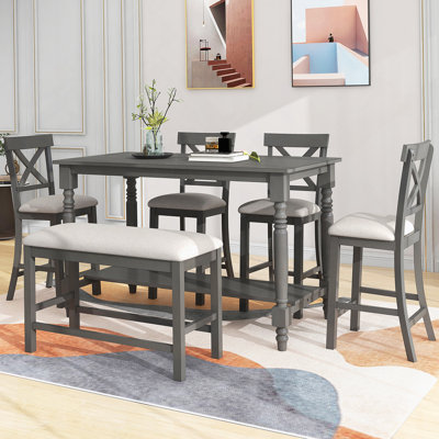 6-Piece Counter Height Dining Table Set Table with Shelf for Dining Room