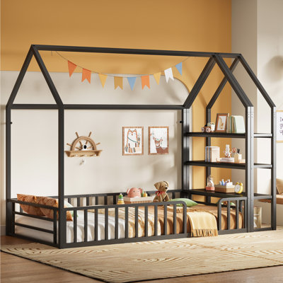 Twin Bed Frame With Storage, Floor Metal House Bed With Fence Guardrails, No Box Spring Needed, Space Saving For Bedroom And Dorm, Easy Assembly, Black