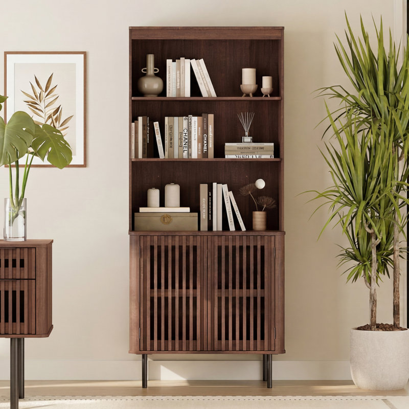 Bibliothèque 72,8 pouces en bois avec rangement, bibliothèque moderne Mid-Century avec tablette réglable, Noyer