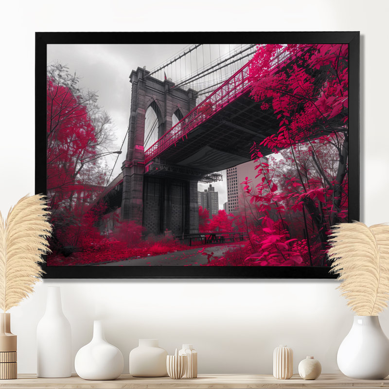 Rose, gris, pont de Brooklyn, New York, reproduction d'art murale - pont, Cadre simple noir, H 34 po x l 44 po x P 1,5 po