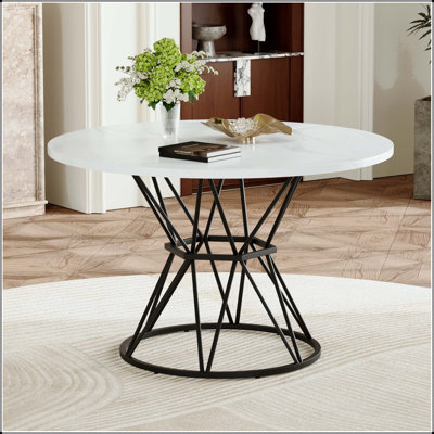 Round Industrial Dining Table with Marble Pattern and Hourglass Base