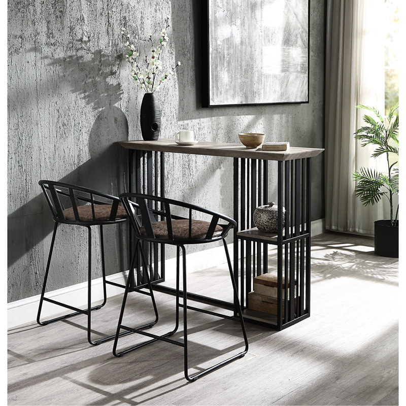 Table de travail à hauteur de comptoir à 2 tablettes - Design industriel rectangulaire chêne et sable noir avec 2 tablettes de rangement
