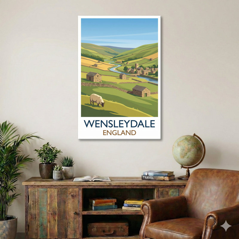Wensleydale, England - Romantic Yorkshire Dales Travel Poster of River, Stone Barns and Rolling Hills. Giclee Print on Wrapped Canvas. Wall Art, Home Decor - Regions & Scenic Areas, England 1 Piece Wrapped Canvas Wall Art