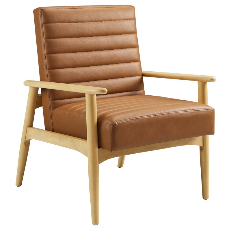 Jensen Vegan Leather Accent Chair , Brown Faux Leather, Natural Wood
