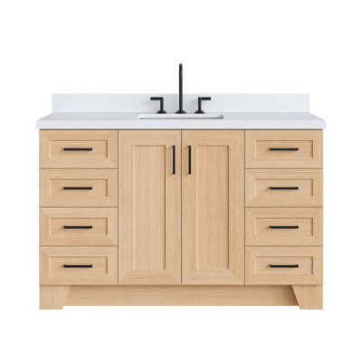 Freitas 55" Solid Wood Single Bathroom Vanity in Natural Oak with 1.5" Pure White Quartz Top, Center, Rectangle Sink