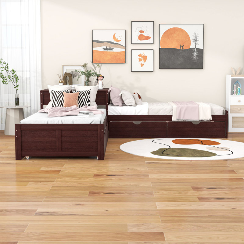 Twin Size 2 Drawers L-shaped Platform Beds with Trundle and Built-in Table, Espresso