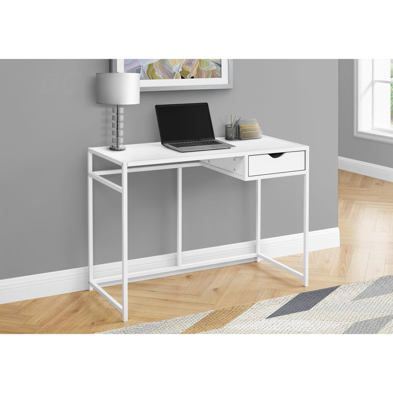 Bureau d'ordinateur, bureau personnel, ordinateur portable, tiroir de rangement, L 42 po, travail, stratifié blanc, métal blanc, contemporain, moderne