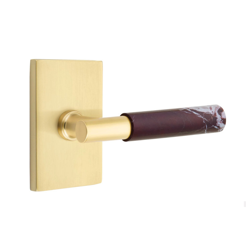 Ensemble de faux levier Emtek Select avec rosette rectangulaire moderne et tige en T, levier en marbre Rosso Levanto