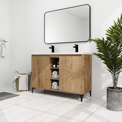 Meuble-lavabo autoportant à double cuve 48 po - Design contemporain, fonction de porte, rangement abondant, lavabos en résine, finition imitation chêne, style contreplaqué, charnière, grand espace de rangement,