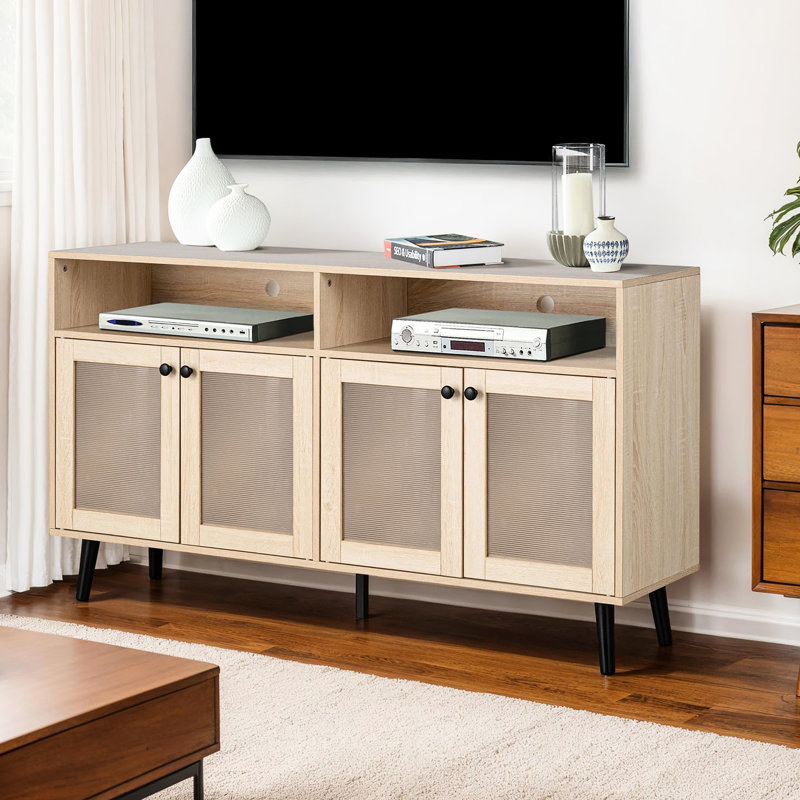 Meuble télé de style Mid-Century moderne avec finition ronde en bois noir et naturel, métal d'ingénierie, convenant au support de salon principal, 16 pouces de profondeur