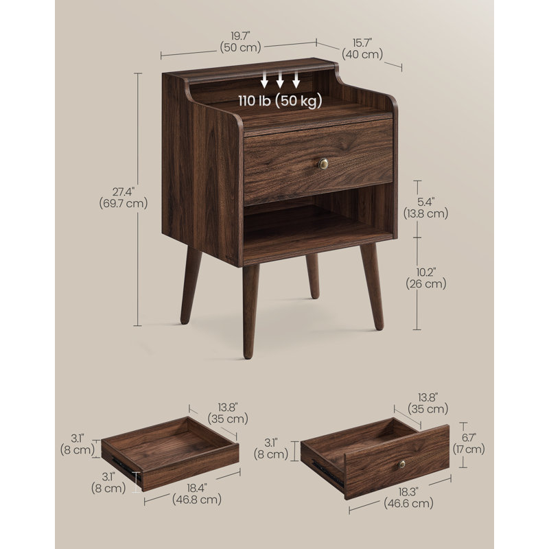 2 Drawer Nightstands With Hidden Drawers, Solid Wood Legs, Natural Walnut