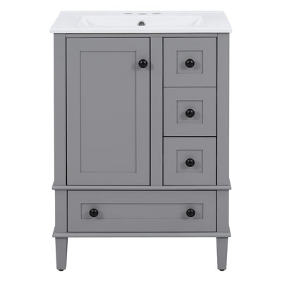 24-Inch Gray Bathroom Vanity With An Integrated Ceramic Basin, Featuring A Door-Mounted Double-Layer Shelf, Soft-Close Drawers, And A Soft-Close Cabinet Door.