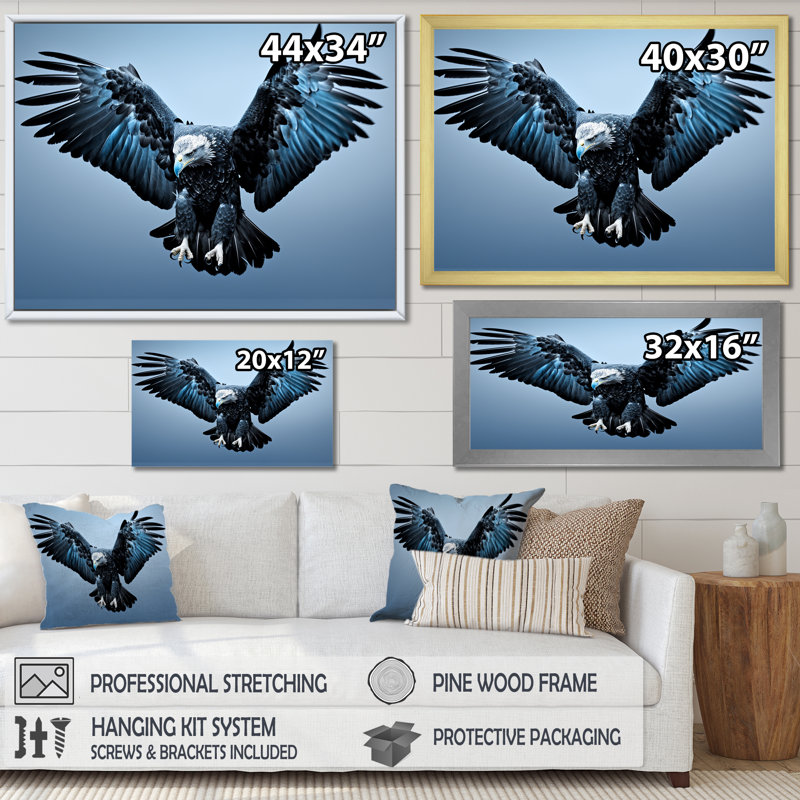 Décoration murale aigle puissant et audacieux I - Aigle, Cadre simple argenté, H 34 po x l 44 po x P 1,5 po