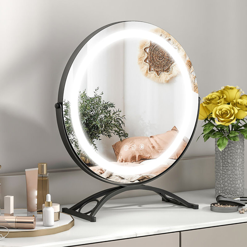 Miroir de meuble-lavabo rond 16 po à 3 lumières à intensité variable Wrought Studio ™, Noir