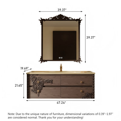 Meuble-lavabo de salle de bain de style milieu du siècle en bois d'hévéa avec lavabo intégré en céramique et miroir intelligent