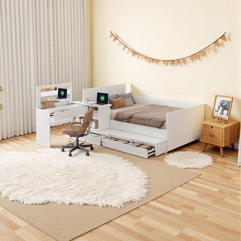 Lit de rangement double 75,3 "avec bureau de meuble-lavabo 2 en 1, Blanc