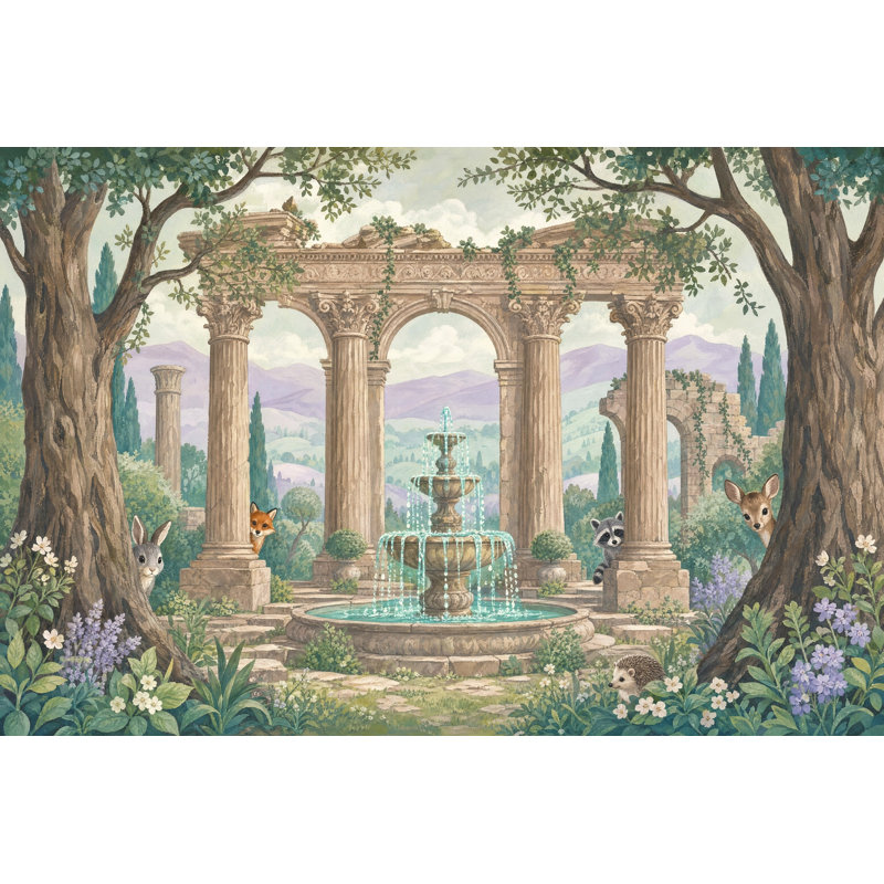 Papier peint jardin méditerranéen ruines classiques, animaux des bois, 200 po x 120 po, Peler et coller