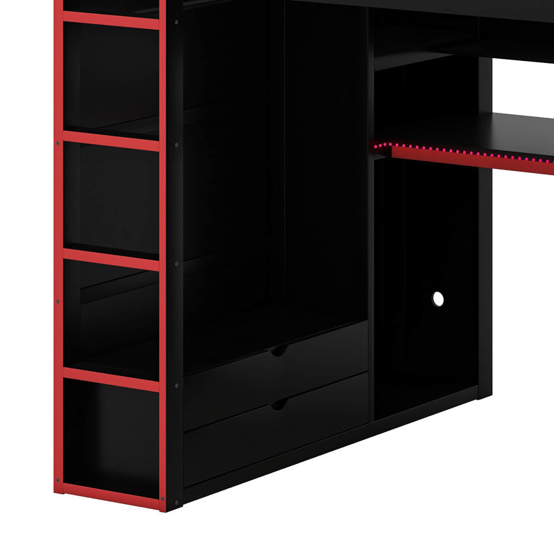 Full Size Wood Gaming Loft Bed With Built-In Desk, RGB LED Lighting, USB Port, Wardrobe & Storage, Red