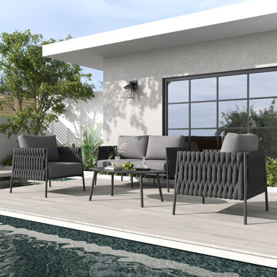  4 Piece Outdoor Furniture Set with Coffee Table, Modern Rope Woven Patio Conversation Sofa Set with Olefin Braid and Deep Seating