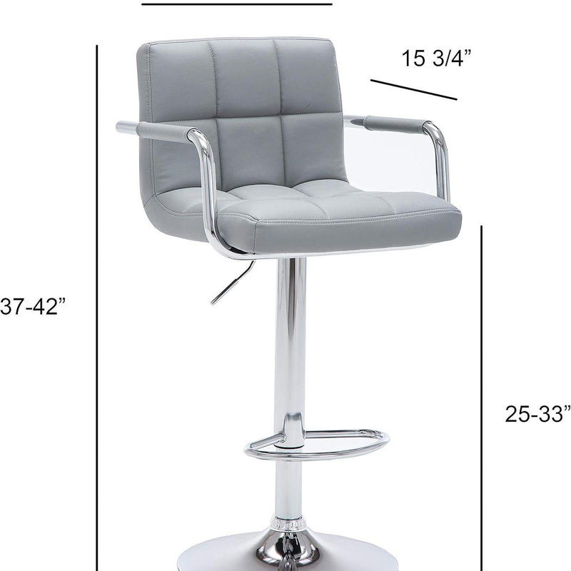 Contemporary Adjustable Swivel Arm Bar Stool With Cushion, Gray, Gray