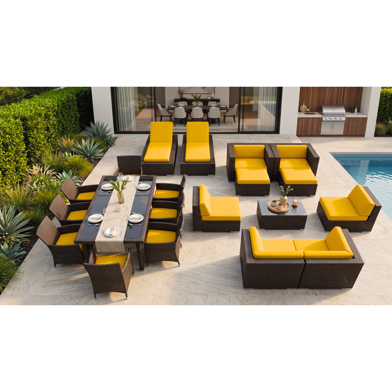 Pavior 8 - Person Patio Conversation Set with Cushions, Dark Brown, Sunflower Yellow Sunbrella® Canvas