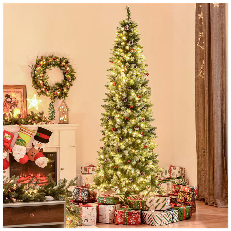 Arbre de Noël artificiel pré-éclairé enneigé avec branches réalistes, 350 lumières DEL, pommes de pin, baies rouges et 1075 pointes