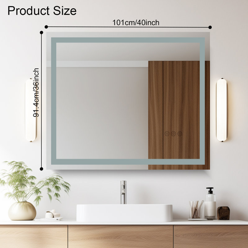 Frameless Led Bathroom Mirror,3 Colors Dimmable,anti-fog,memory Function,wall Mounted Lighted Vanity Mirror, 36" x 40"