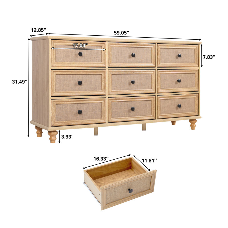 59.05'' W 9 - Drawer Dresser, Natural