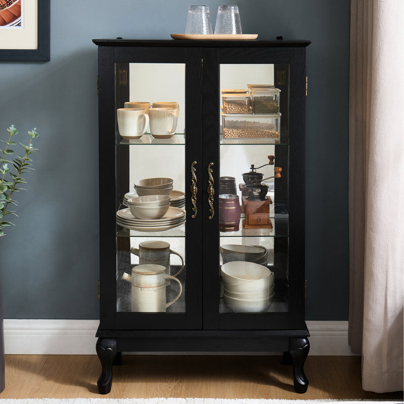 American Retro Display Cabinet With Tempered Glass Doors, Mirrored Back, And Adjustable Shelves For Office Showcase Functional Curio Metal Handle, Lighted Display, Treasured Belongings In