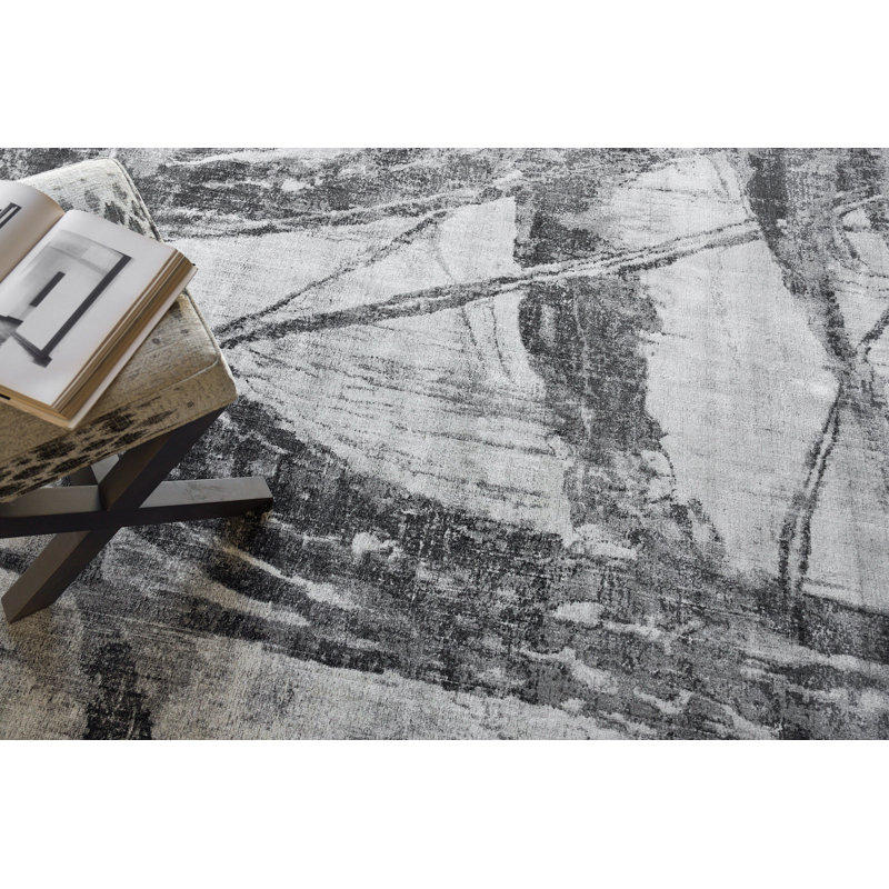Rectangle Kyoto Abstract Hand Loomed Wool/Bamboo Slat/Seagrass Area Rug in Silver/Black, Rectangle 10' x 14'