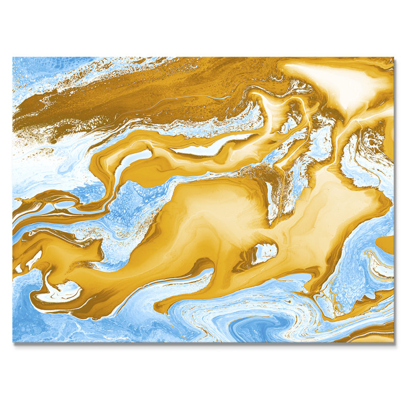 Vagues de marbre bleues et dorées - Peinture sur toile, Toile tendue, H 30 po x l 40 po x P 1,5 po