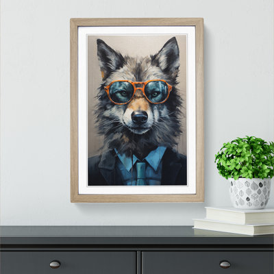 Wolf With Glasses Painting - Single Picture Frame Print on Wood