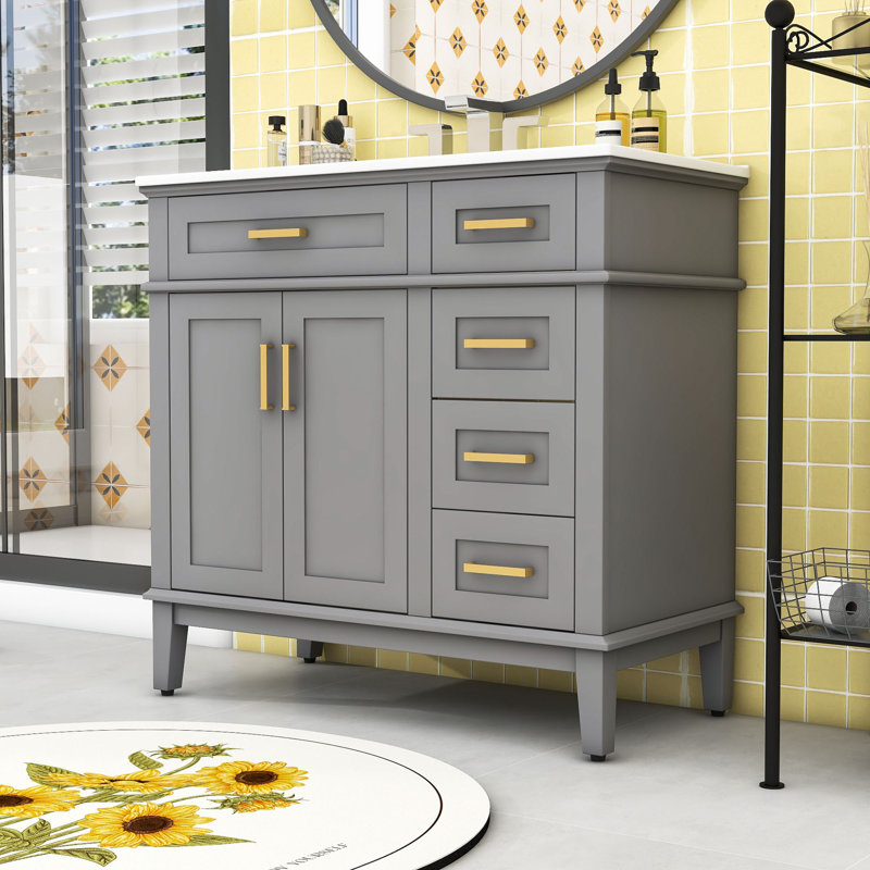 Meuble-lavabo de salle de bain avec lavabo en céramique, portes à fermeture douce et 4 tiroirs de rangement