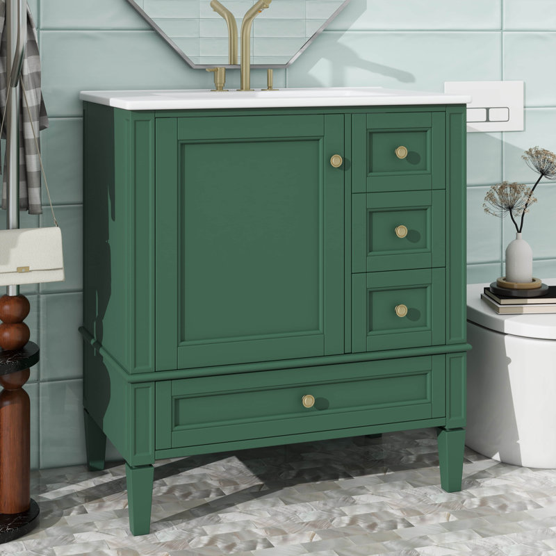 Meuble-lavabo 30 po avec lavabo en céramique, unité avec 3 tiroirs, Vert