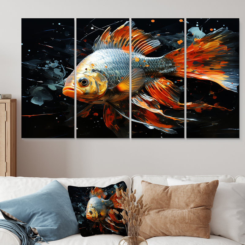 «Orange Butterfly Fish Ocean Dance I», ensemble d'art mural 4 pièces, H 28 po x l 48 po