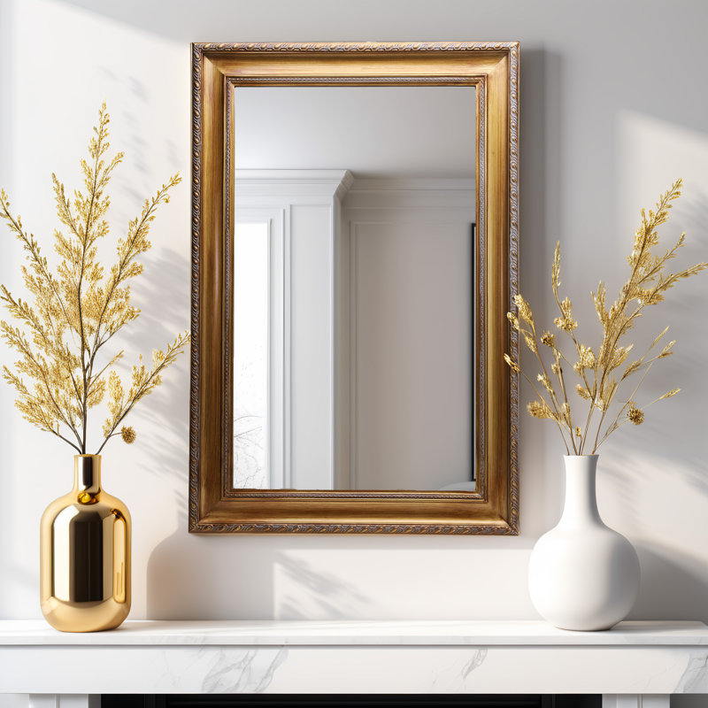 Wood Square Wall Decorative Mirror for Bathroom Bedroom, Gold