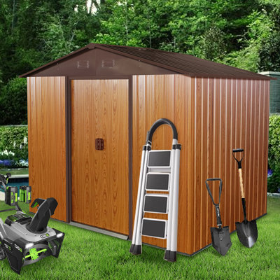 Coffee 8Ft X 6Ft Outdoor Metal Storage Shed. Galvanized Iron Build, Painting, Four Punched Vents. Padlockable Sliding Doors. Easy To Install. Protected Panels Robust Integrated Doors With Padlock.