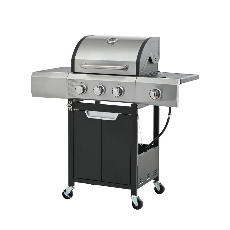 Barbecue au propane en acier inoxydable à 3 brûleurs, 40 500, 17,65 po Largeur du produit, côté et housse pour barbecue extérieur