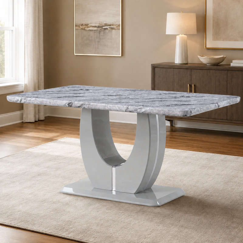 Table de salle à manger rectangulaire moderne en faux marbre de 63 pouces avec base en U, Gris